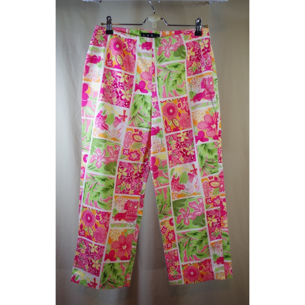 Logic Women's Size 8 Pink Green Tropical Floral Patchwork Straight Leg Pants‎
